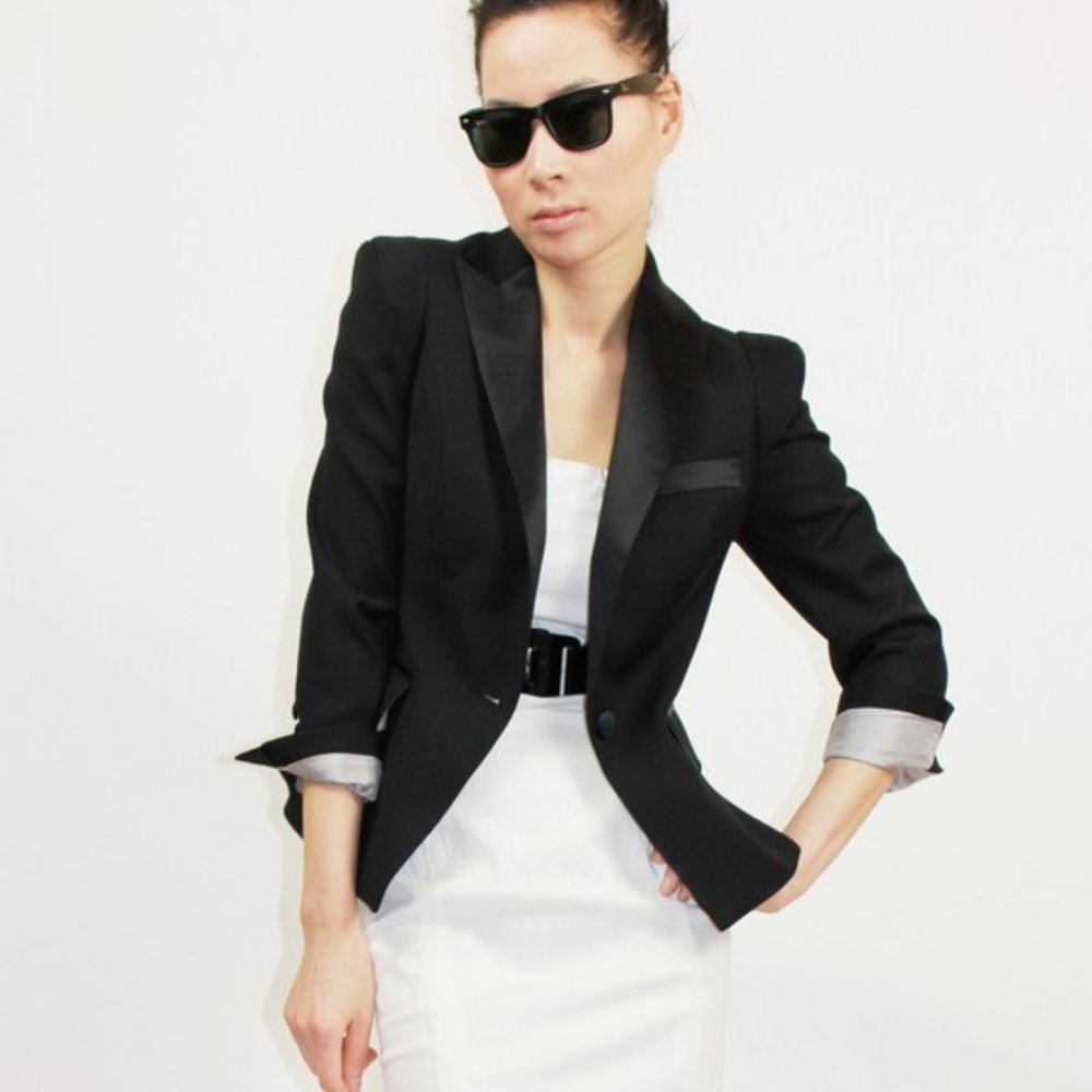 Ella Lai red blazer (structured/padded shoulder)